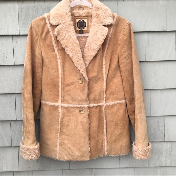 giacca Vintage Tan Penny Lane Daisy Leather Suede Coat With Faux Fur Trim Small - Picture 1 of 7